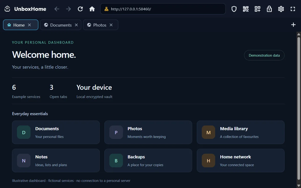 UnboxHome 0.17.7 on Windows with service tabs and a fictional demonstration dashboard