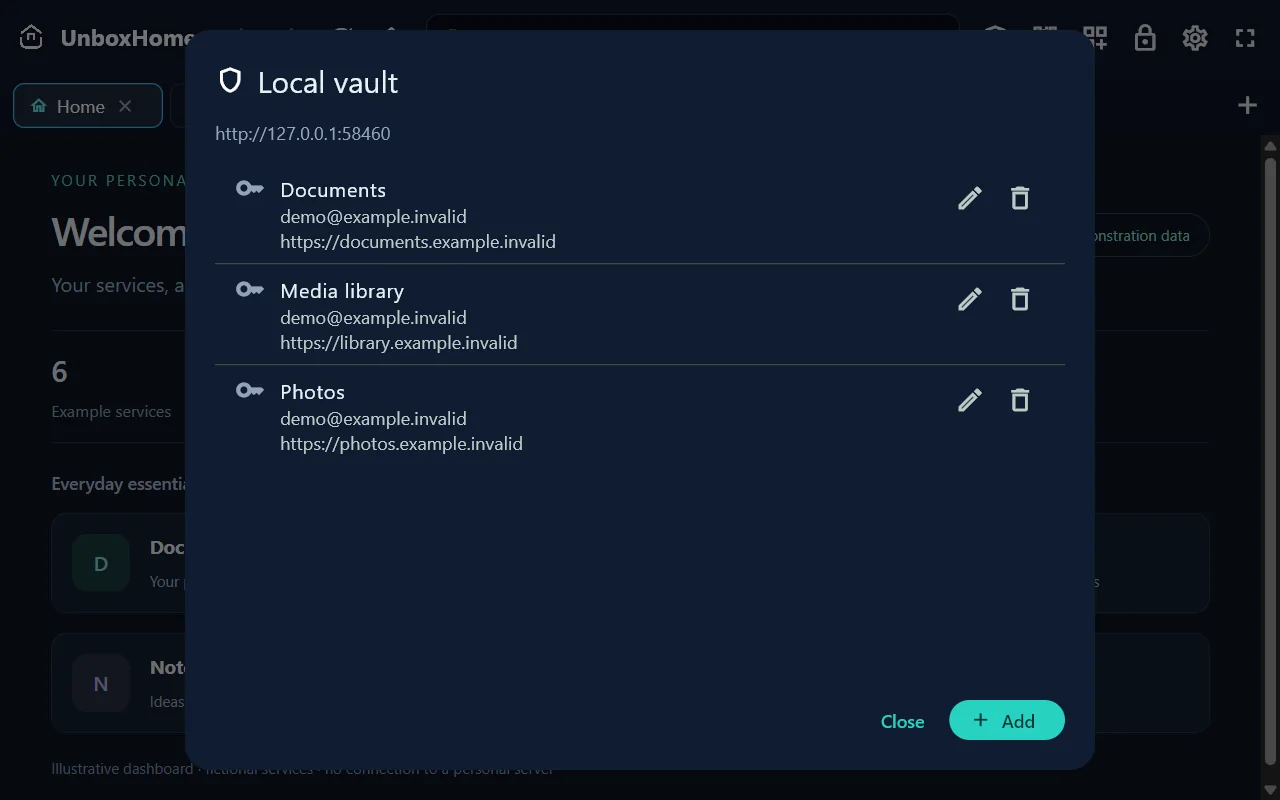 UnboxHome local encrypted vault showing fictional saved service accounts with passwords hidden